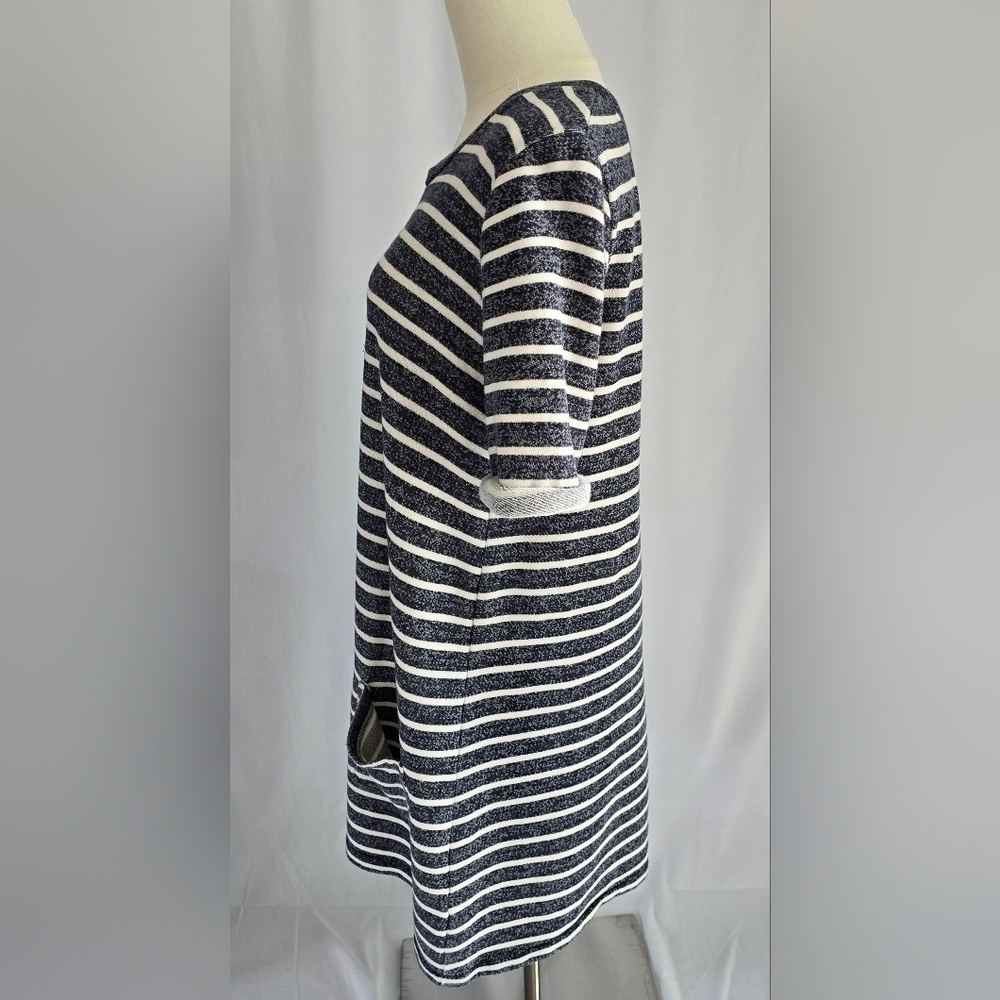 French Connection Cotton Striped Tee Mini Rolled Sleeves Front Pocket Navy Sz. 6 - Picture 3 of 9